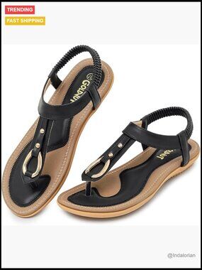 PU Leather Flat Sandals with Elastic Ankle Strap, T-Strap Thong Design
